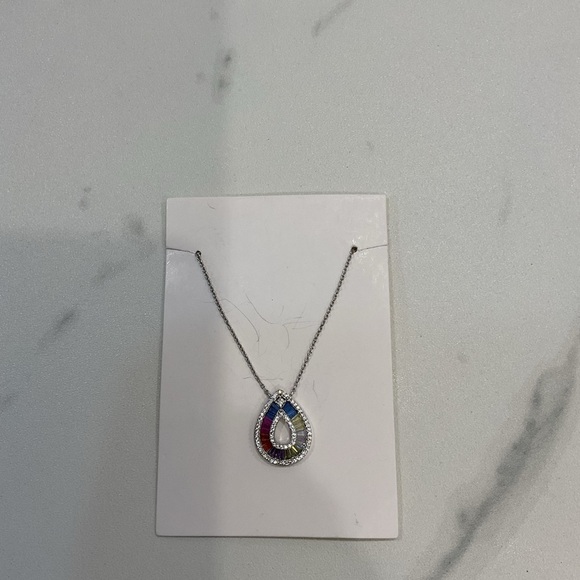 Silver multi colored teardrop pendant necklace, Rhinestones, NWOT - Picture 2 of 3